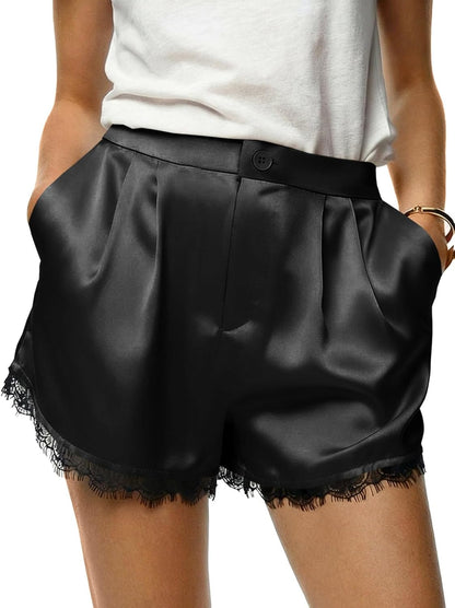 Buenoble Silky Lace Trim Shorts for Women Elegant Satin Lounge Shorts Fall Winter Chic OOTD