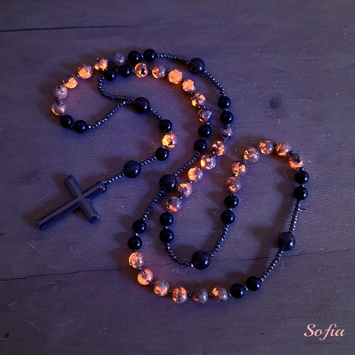 Natural Obsidian Yooperlite Rosary Necklace, UV Reactive Energy Protection Crystal