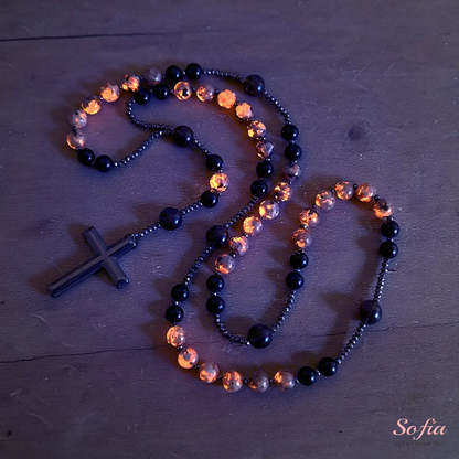 Natural Obsidian Yooperlite Rosary Necklace, UV Reactive Energy Protection Crystal