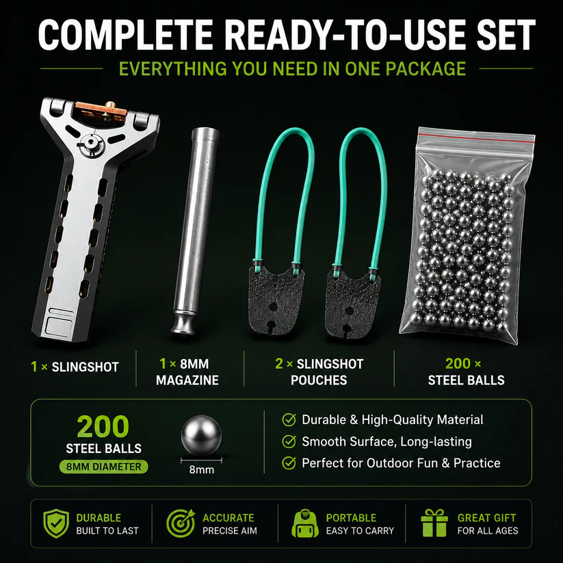 Professional Telescopic Aluminum Alloy Auto-Loading Slingshot Full Kit (200 Steel Balls)