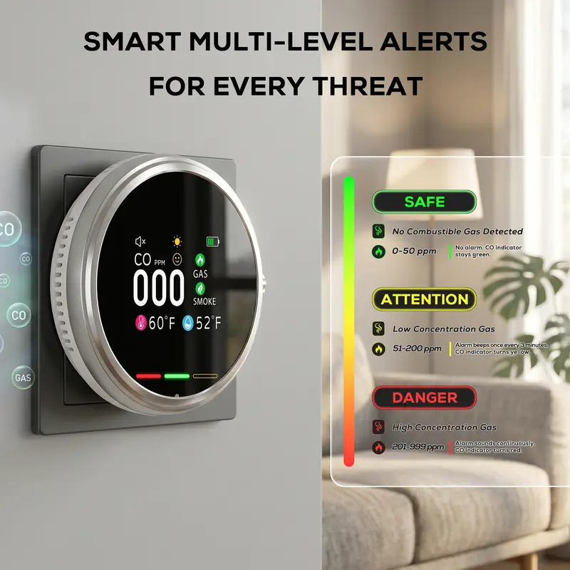 🚨Smart 6-in-1 Gas Detector – CO Smoke & Gas Leak Alarm With LCD Display