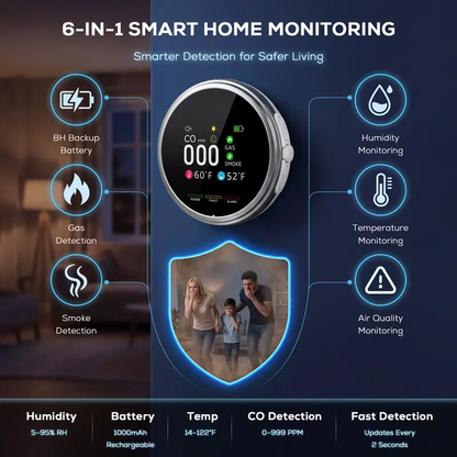 🚨Smart 6-in-1 Gas Detector – CO Smoke & Gas Leak Alarm With LCD Display