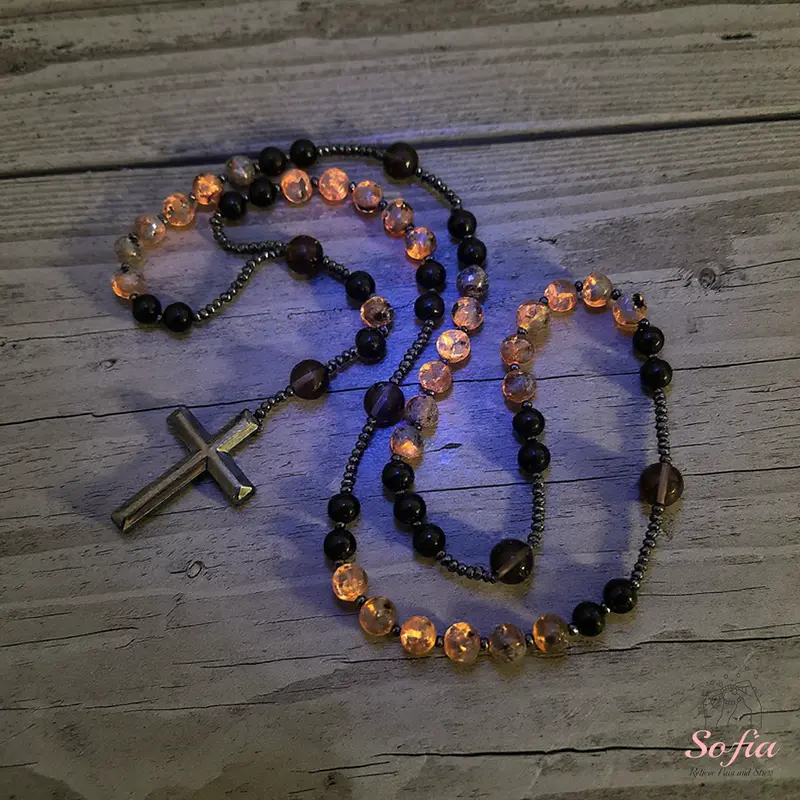 Natural Obsidian Yooperlite Rosary Necklace, UV Reactive Energy Protection Healing Crystal