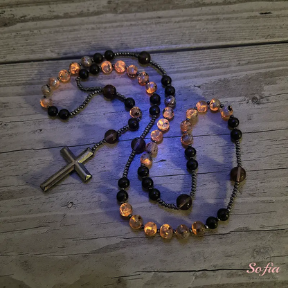 Natural Obsidian Yooperlite Rosary Necklace, UV Reactive Energy Protection Healing Crystal
