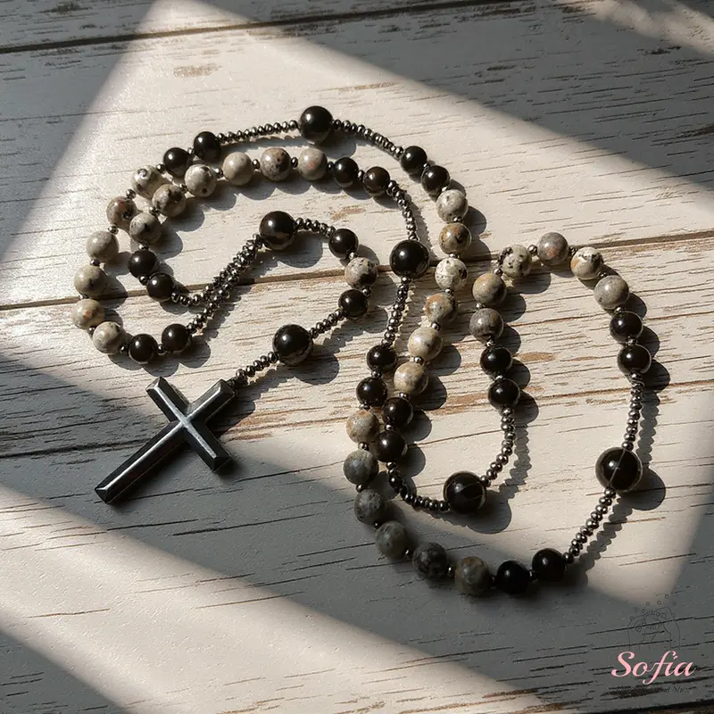 Natural Obsidian Yooperlite Rosary Necklace, UV Reactive Energy Protection Healing Crystal