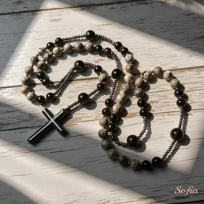 Natural Obsidian Yooperlite Rosary Necklace, UV Reactive Energy Protection Healing Crystal