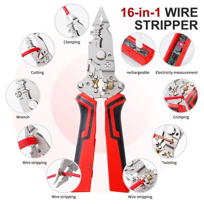16-in-1 Multifunctional Wire Stripper Twister for Cutting and Pulling Wires,Cable Scissors,Voltage Tester Pliers, 12V to 250V Live,Null,Hot Wire Judgment AC DC, Audible and Flashing LED Alarms
