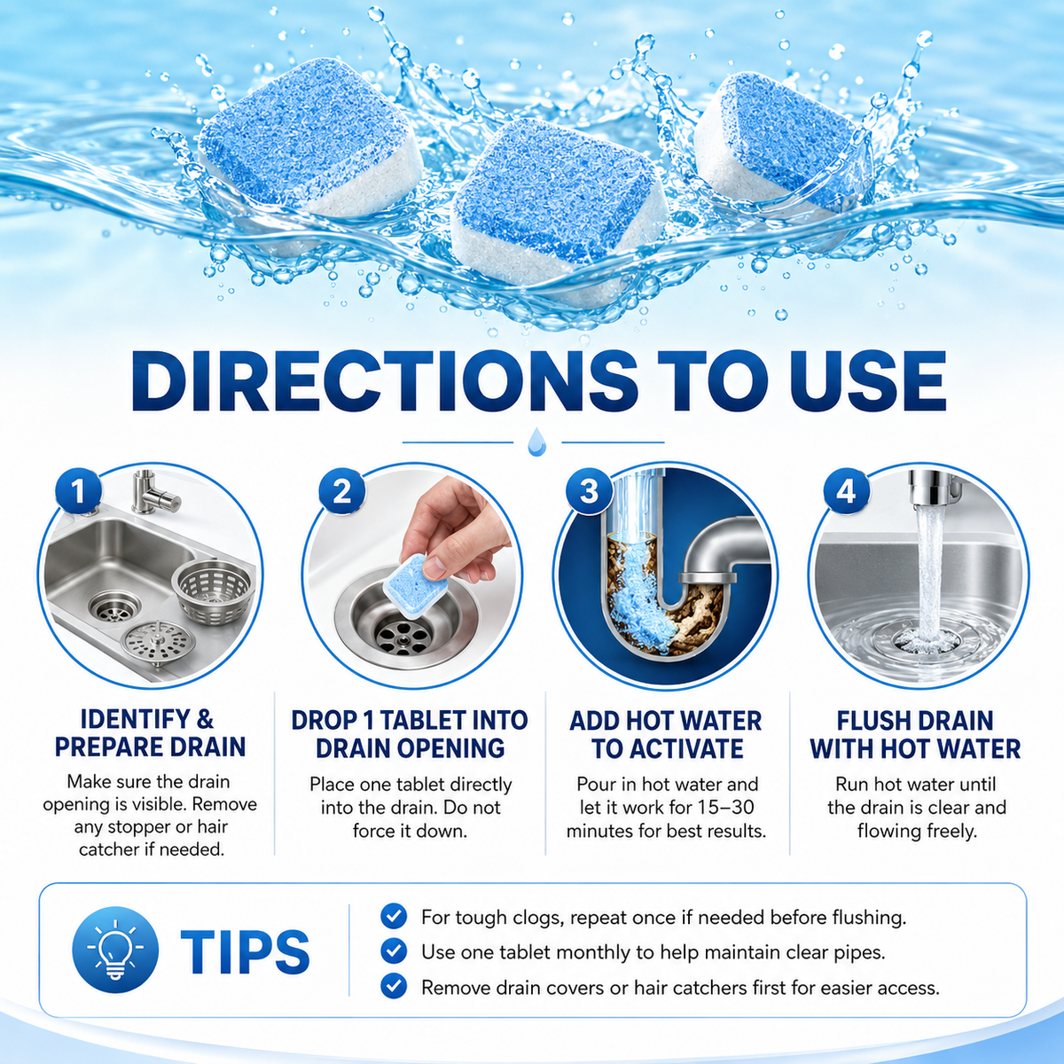 50% OFF💥Drain Cleaner Tablets, 12 tablets | Fast-acting in 30 minutes | Suitable for drains throughout the house