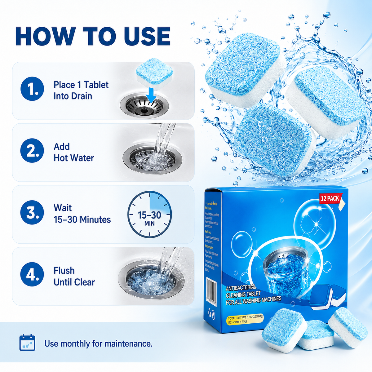 50% OFF💥Drain Cleaner Tablets, 12 tablets | Fast-acting in 30 minutes | Suitable for drains throughout the house