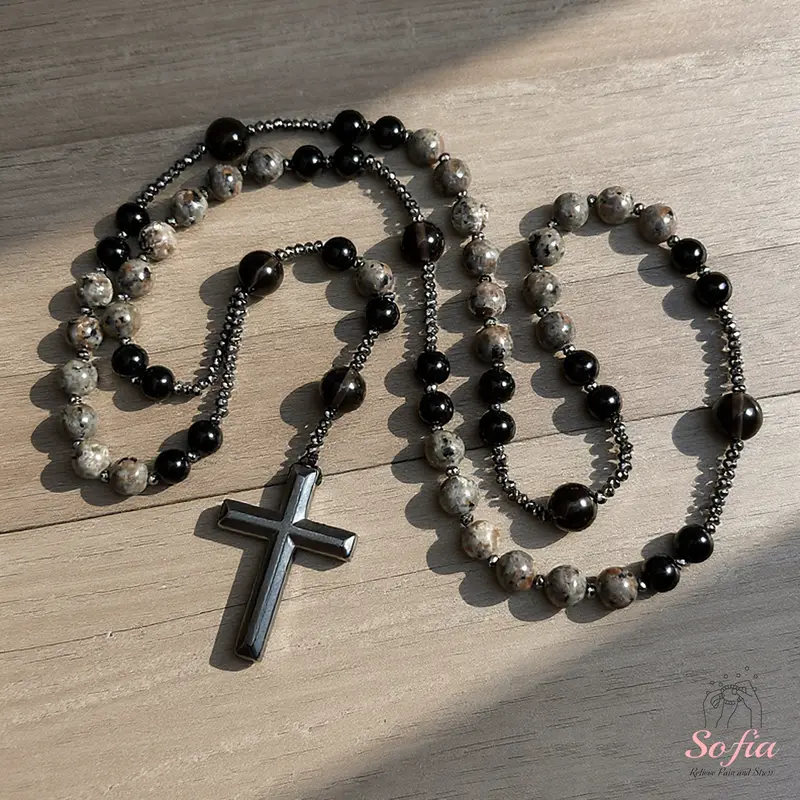 Natural Obsidian Yooperlite Rosary Necklace, UV Reactive Energy Protection Crystal