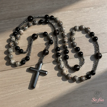 Natural Obsidian Yooperlite Rosary Necklace, UV Reactive Energy Protection Healing Crystal