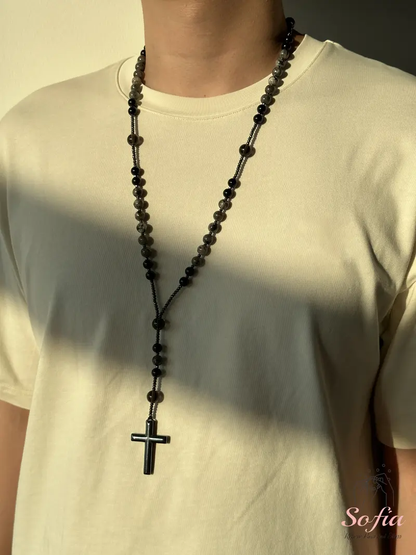 Natural Obsidian Yooperlite Rosary Necklace, UV Reactive Energy Protection Healing Crystal