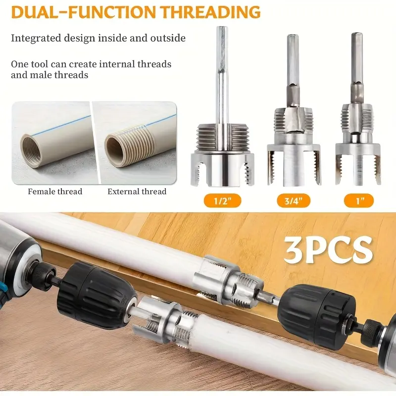 3-Piece Heavy-Duty Pipe Threading Tool Set | 1/2" 3/4" 1" Internal & External Threads | Electric Drill Compatible | PVC PPR MPP Pipes