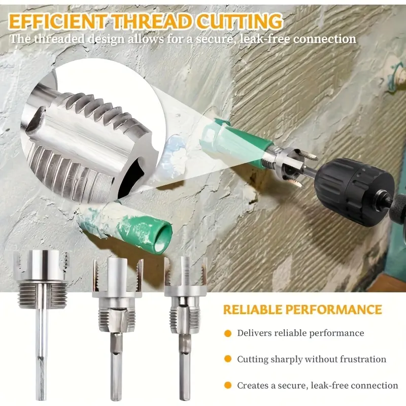 3-Piece Heavy-Duty Pipe Threading Tool Set | 1/2" 3/4" 1" Internal & External Threads | Electric Drill Compatible | PVC PPR MPP Pipes